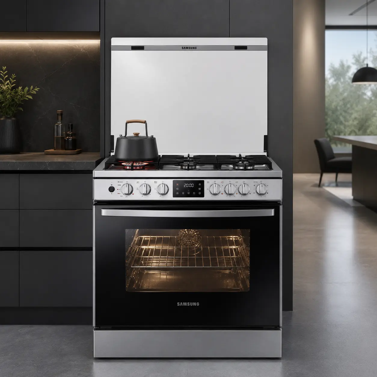 Cocina a gas con acabado de acero inoxidable y horno encendido en una cocina de diseño sobrio
